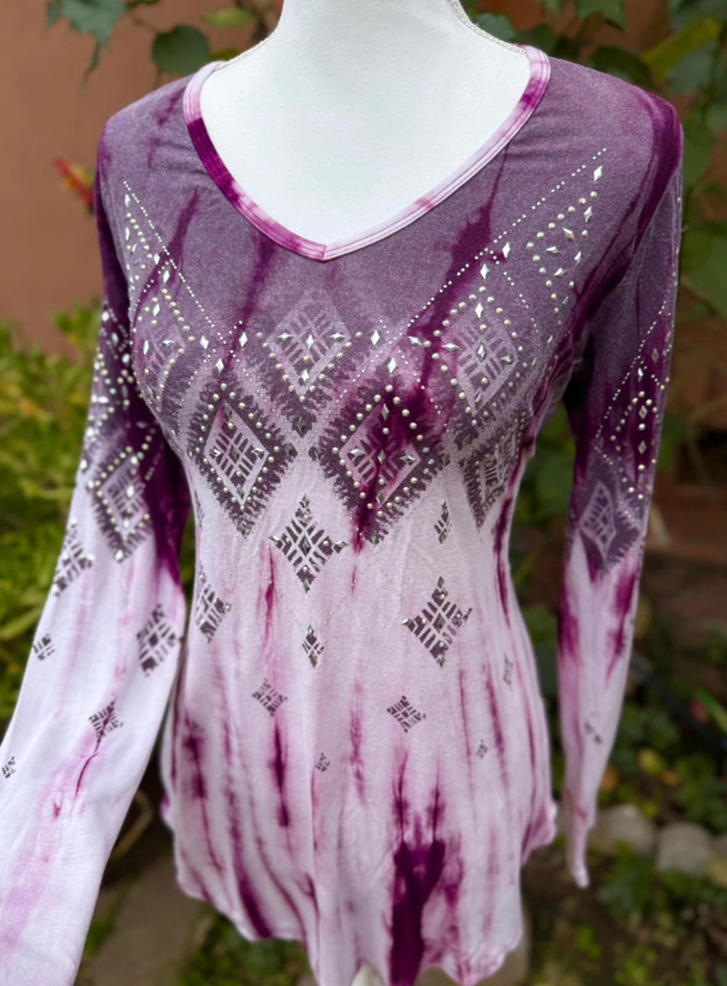 Vocal Purple Tie Dye Bedazzled Women’s Long Sleeved Cute Boho Top Size M