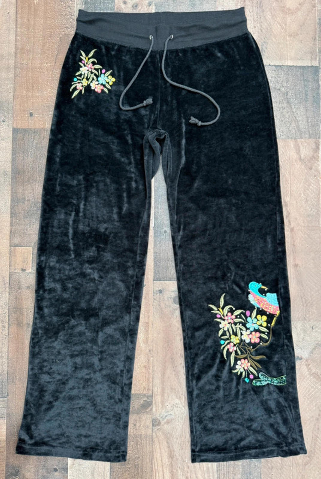 BCBG Maxazria Vintage Y2K Black Velour Embroidered Floral Pants Women’s Size L
