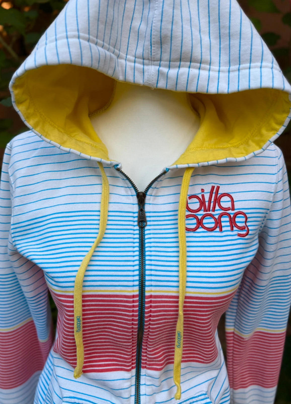 Billabong White Pin Colored Striped Hoodie Women’s Size L