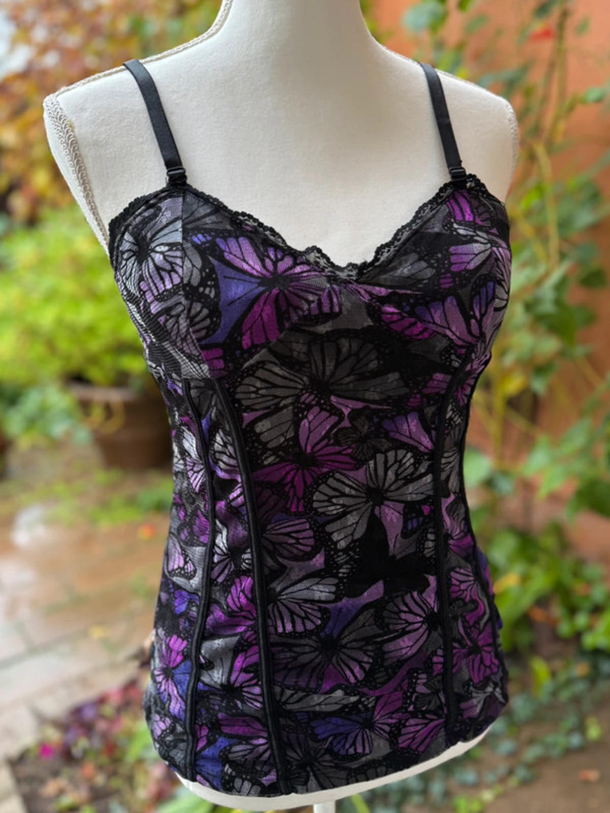 No Boundaries Purple & Black Laca Butterfly Print Cami Lace Top