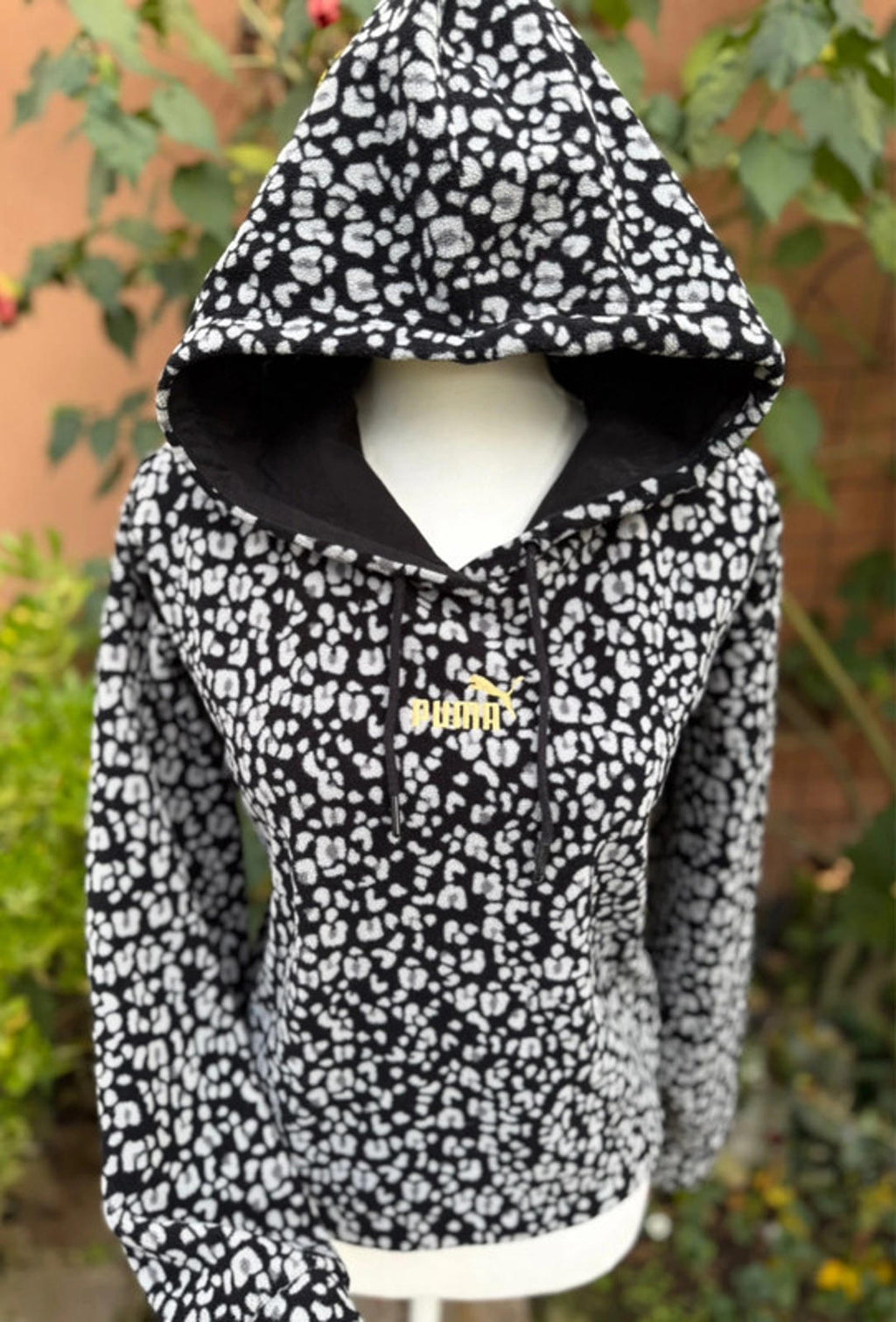 Puma Black & White Leopard Print Fleece Warm Oversized Hoodie Pullover Jacket Size L