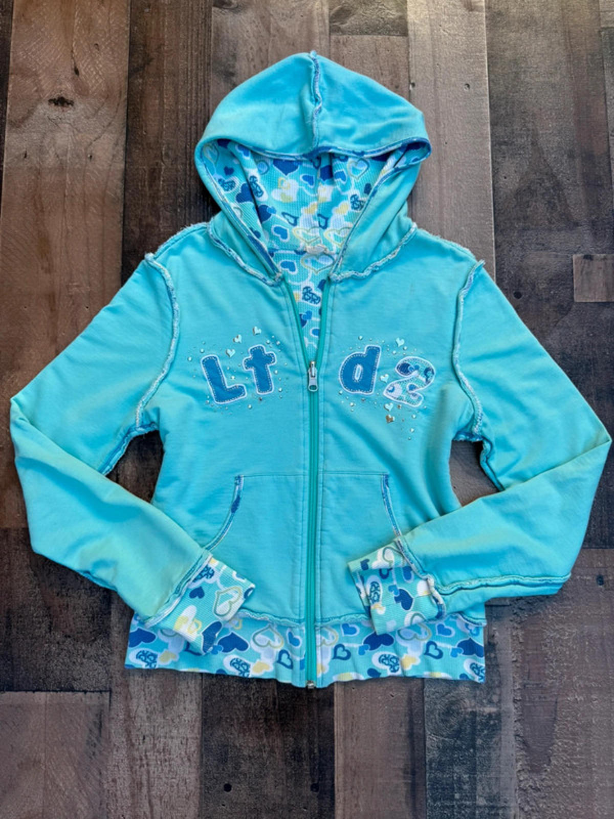 The Limited Too LTD2 Y2K Kid Girl Cute Aqua Heart Warm Hoodie Size 14