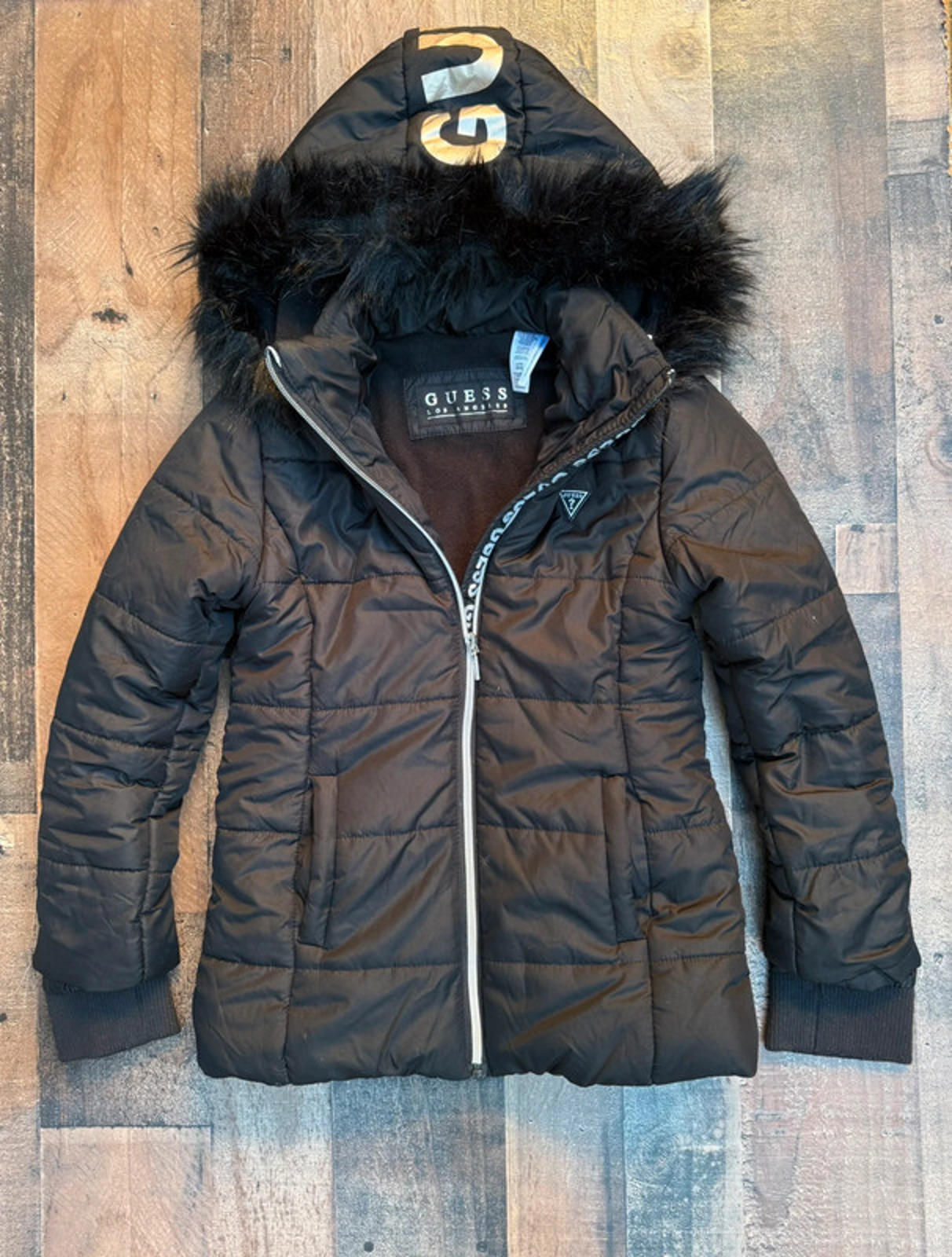 Guess Black Fur Hood  Warm Jacket Kid Girl Size L