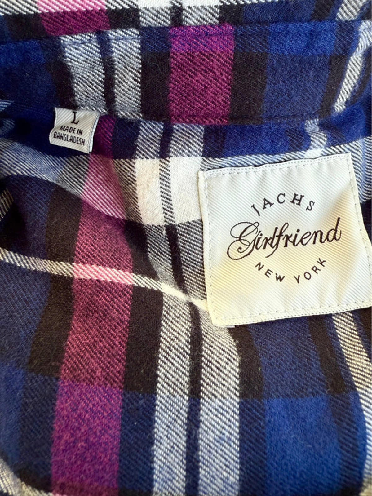 Zach’s Girlfriend New York Purple & Plaid Flannel Long Sleeved Button Up Top Women’s Size L