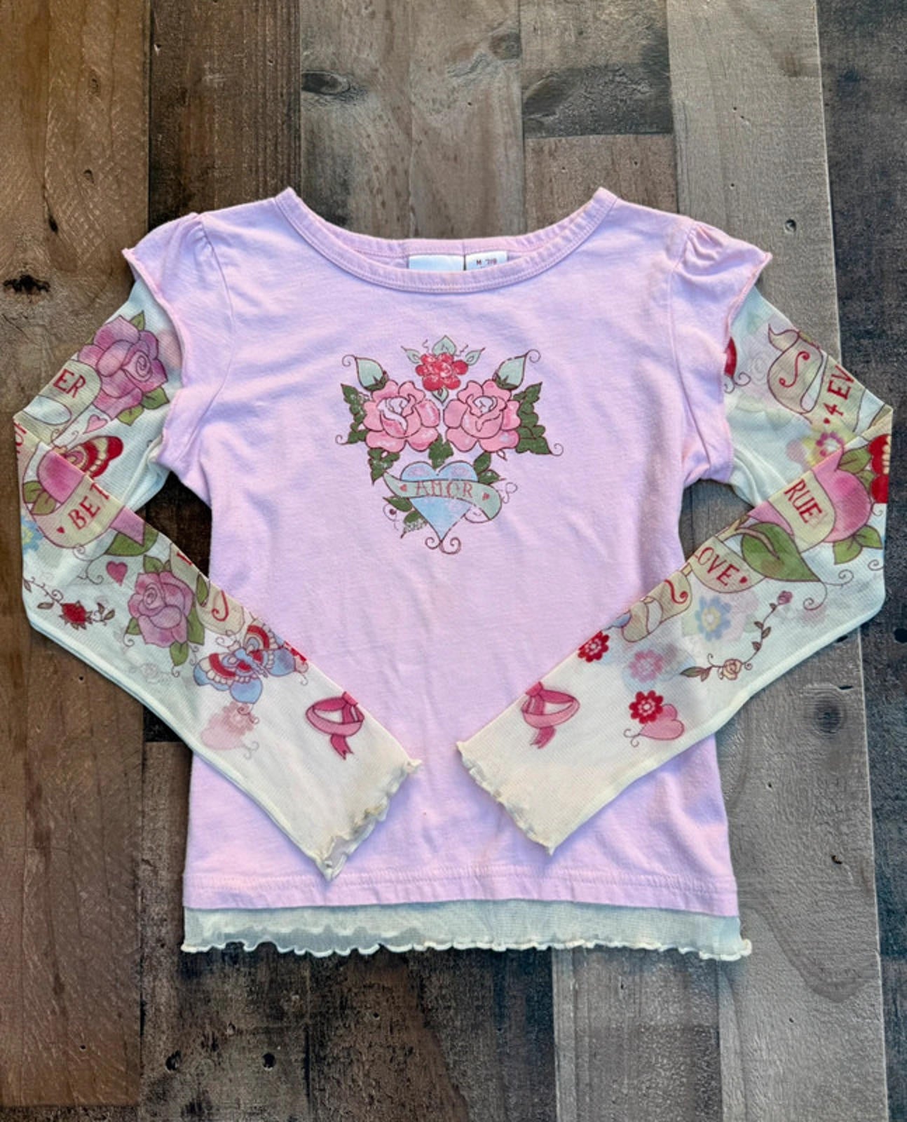 Xhilleration Girls Pink Amor Love Mesh Sleeved Vontage Tee Size 7/8