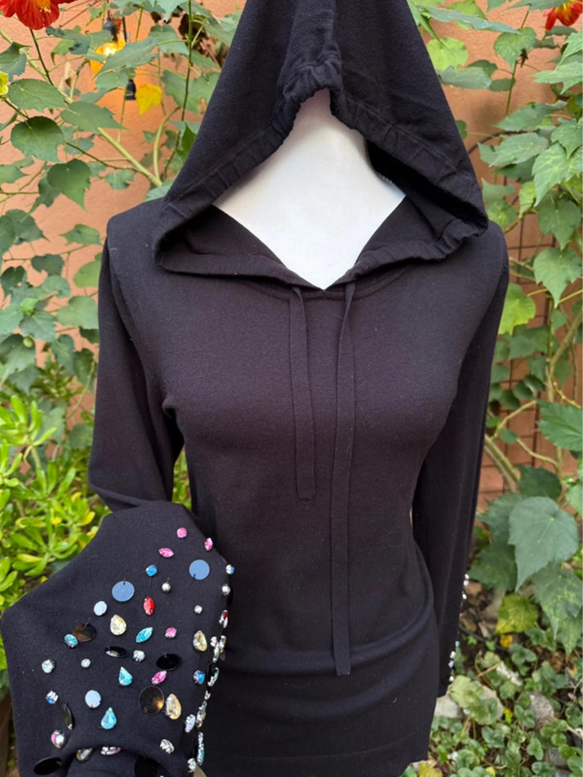 INC Black Bell Sleeved Jewel Hooded Sweater Women’s Size XL