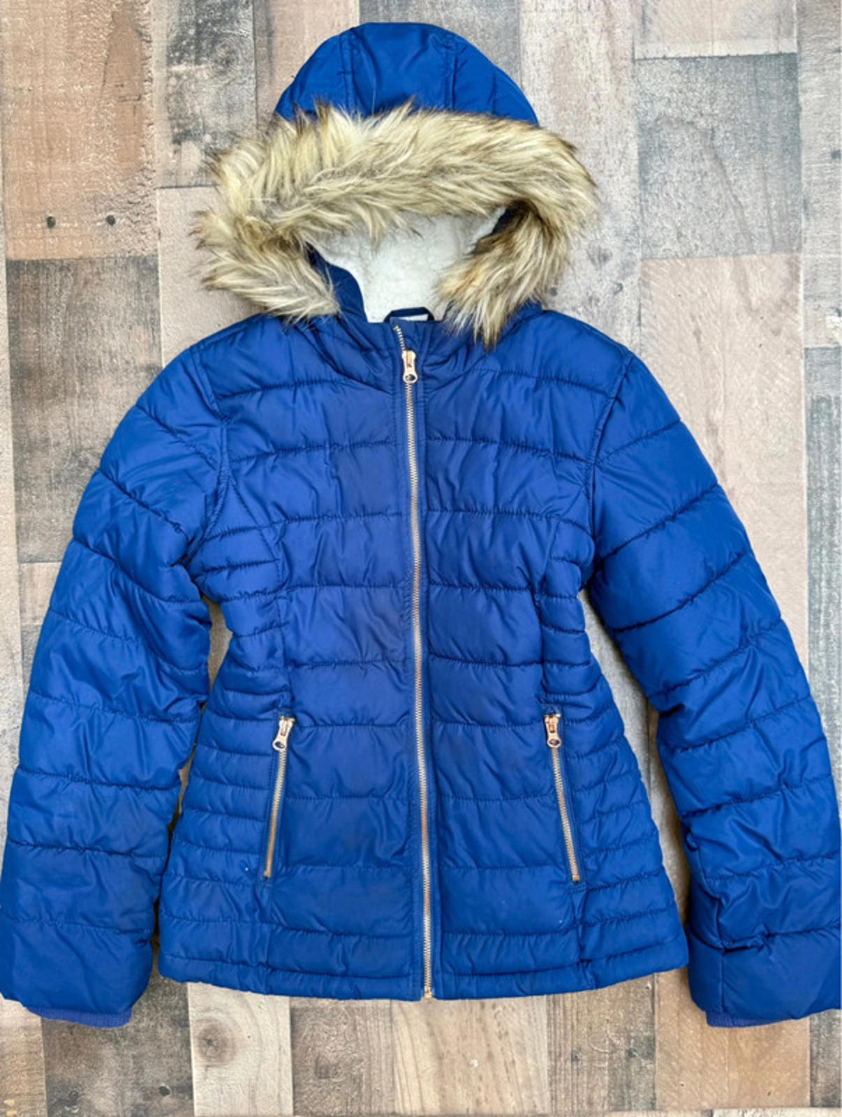 Royal Blue Faux Fur Hood Old Navy Kid Girl Zip Up Winger Jacket Size 14 XL