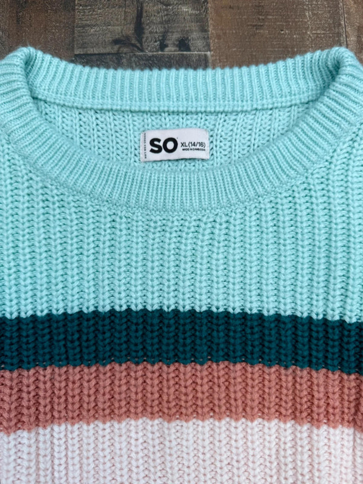 So Striped Aqua,Cream, And Brown Knit Sweater Size L