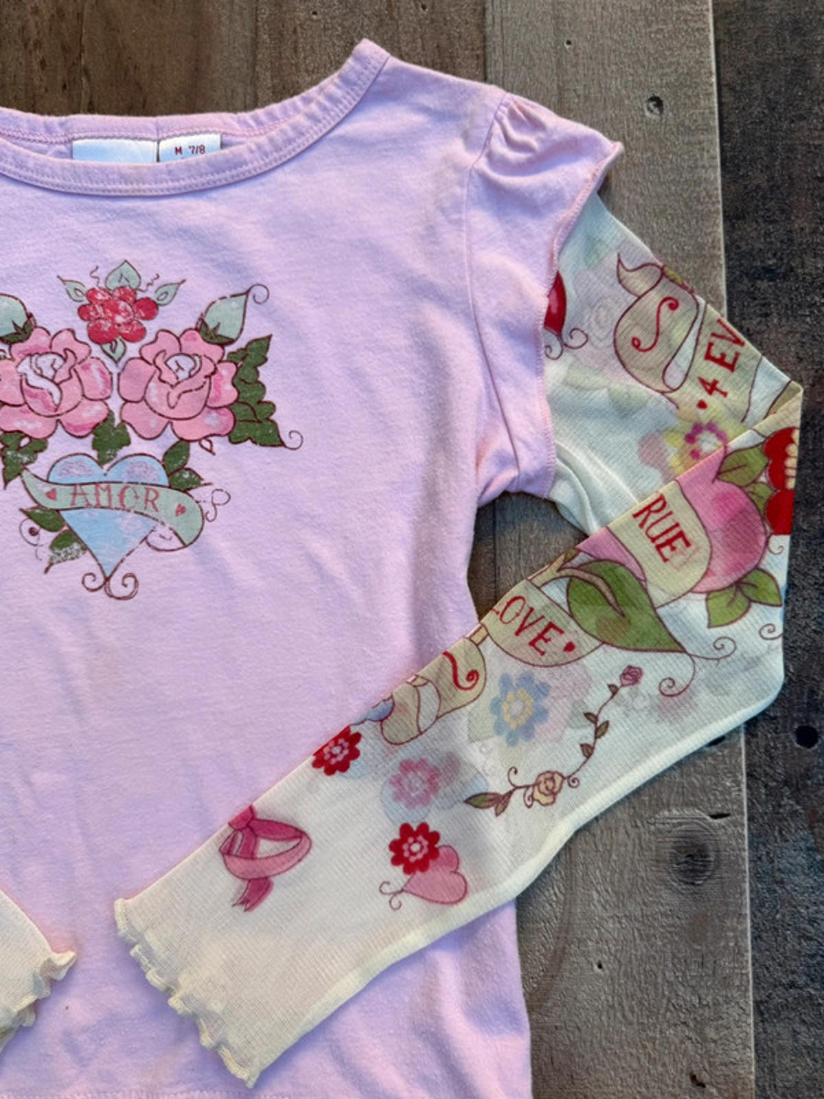 Xhilleration Girls Pink Amor Love Mesh Sleeved Vontage Tee Size 7/8