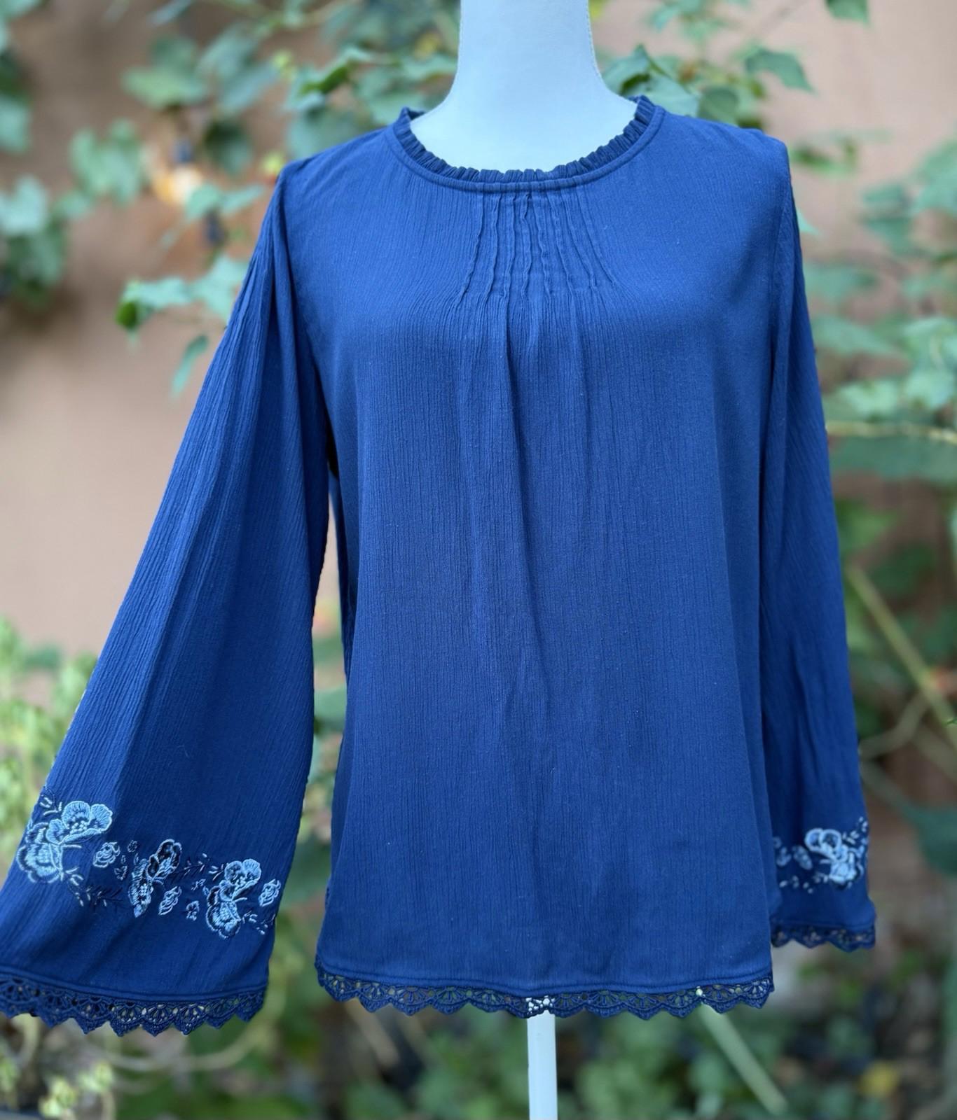 Time And True Royal Blue Embroidered Bell Sleeve Boho Women’s Top Size S 4-6