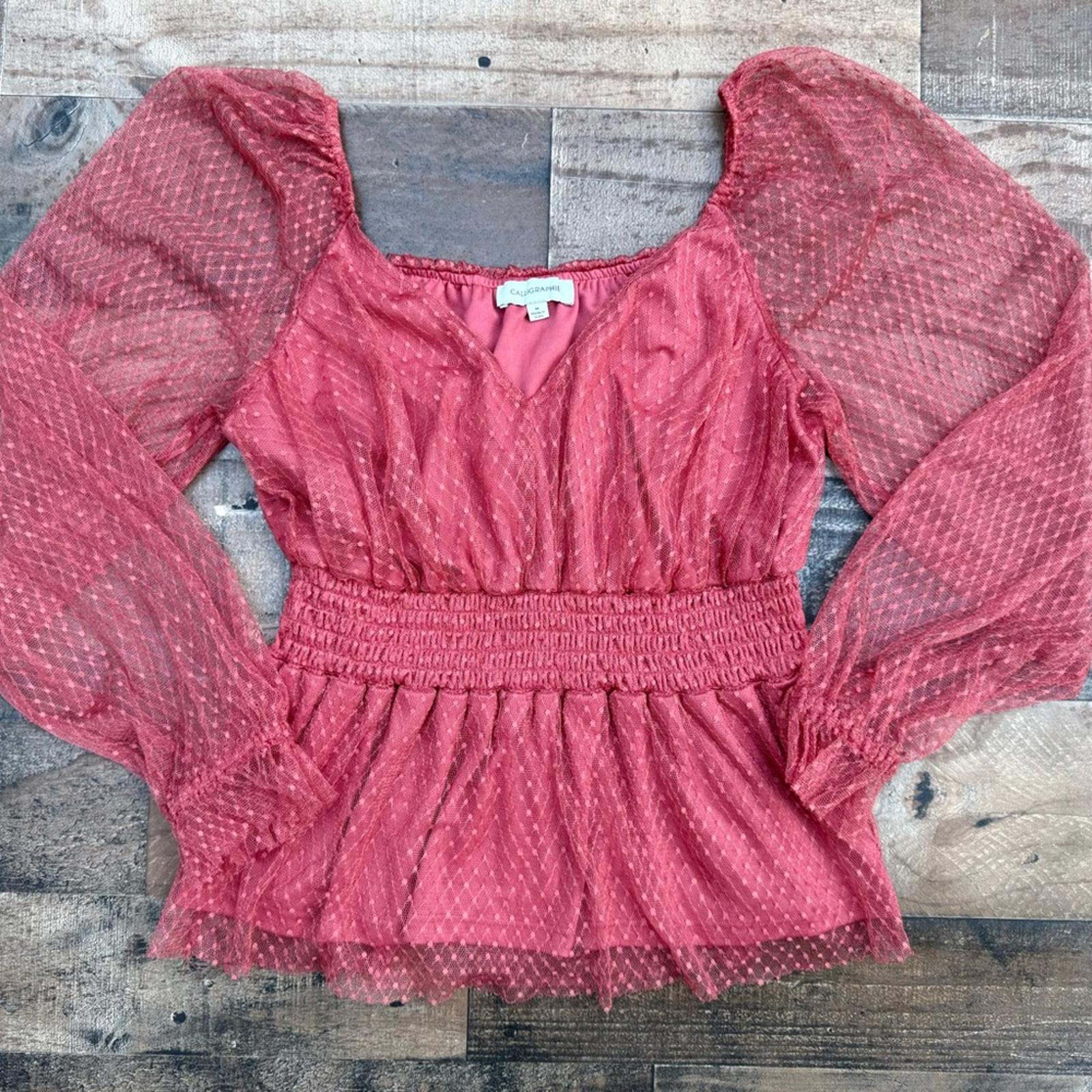 Smocked Puff Sleeve Peplum Blouse Size M