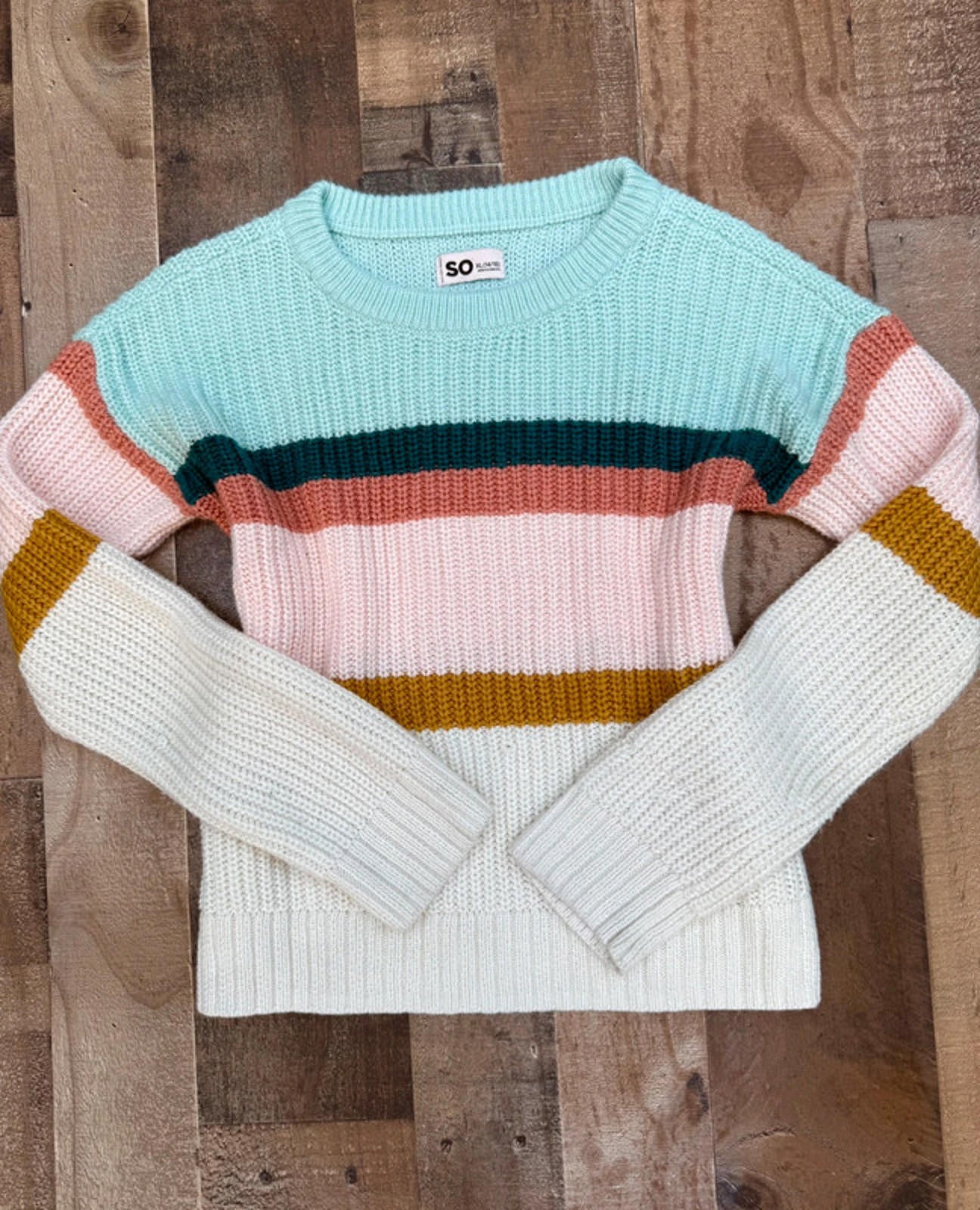 So Striped Aqua,Cream, And Brown Knit Sweater Size L