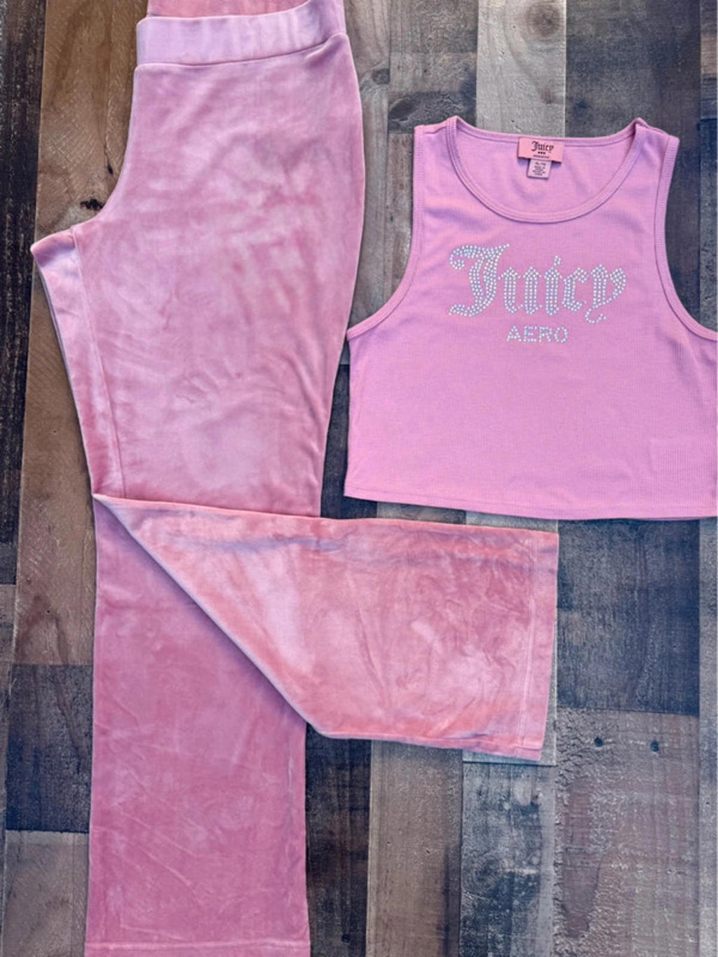 Juicy Aero Colab Dusty Rose, Pinkish Velour Pants & Ribbed Cropped Tank Top Size XL