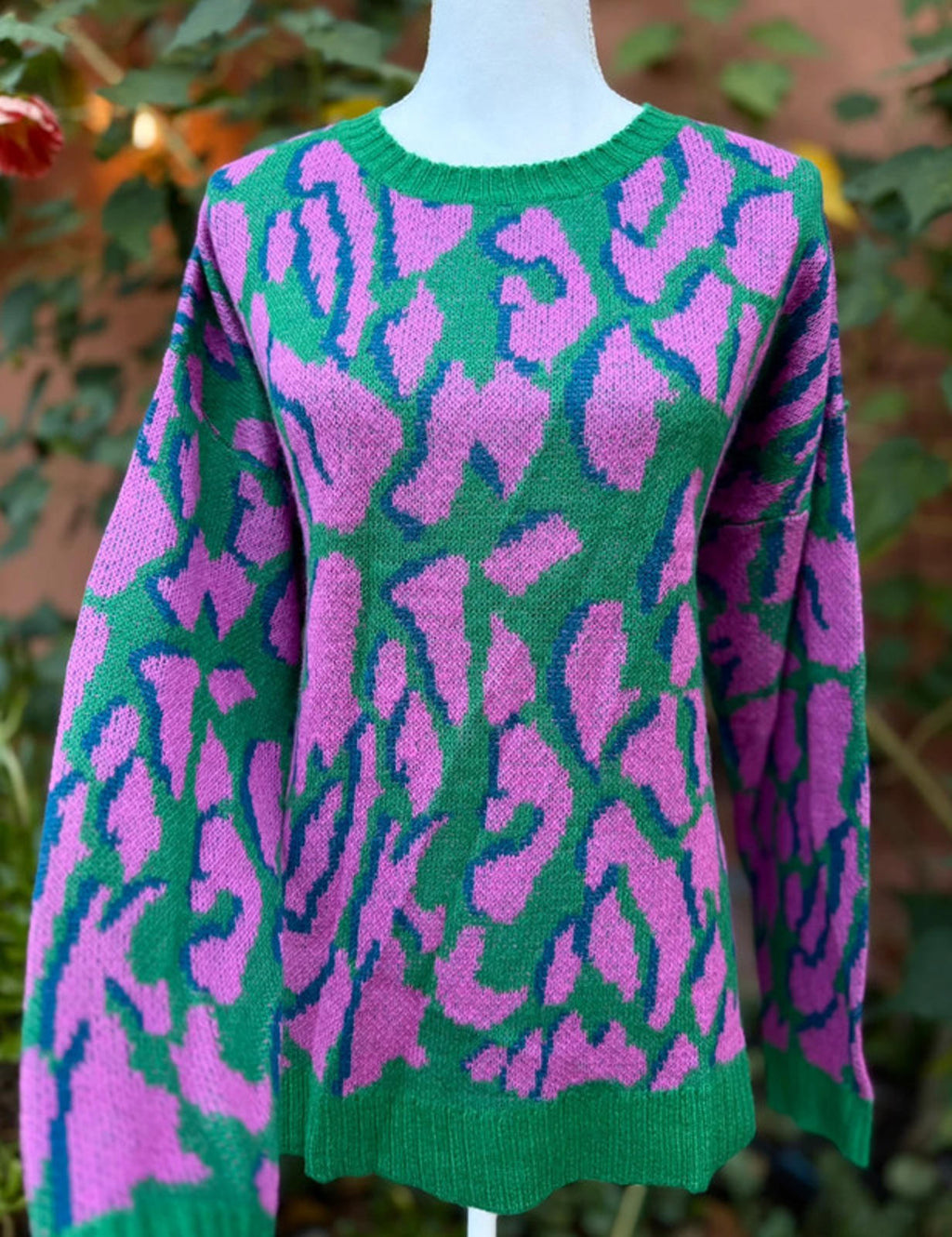 Umgee Pink Green Leopard Print Knit Long Sleeved Sweater Size M Medium Women