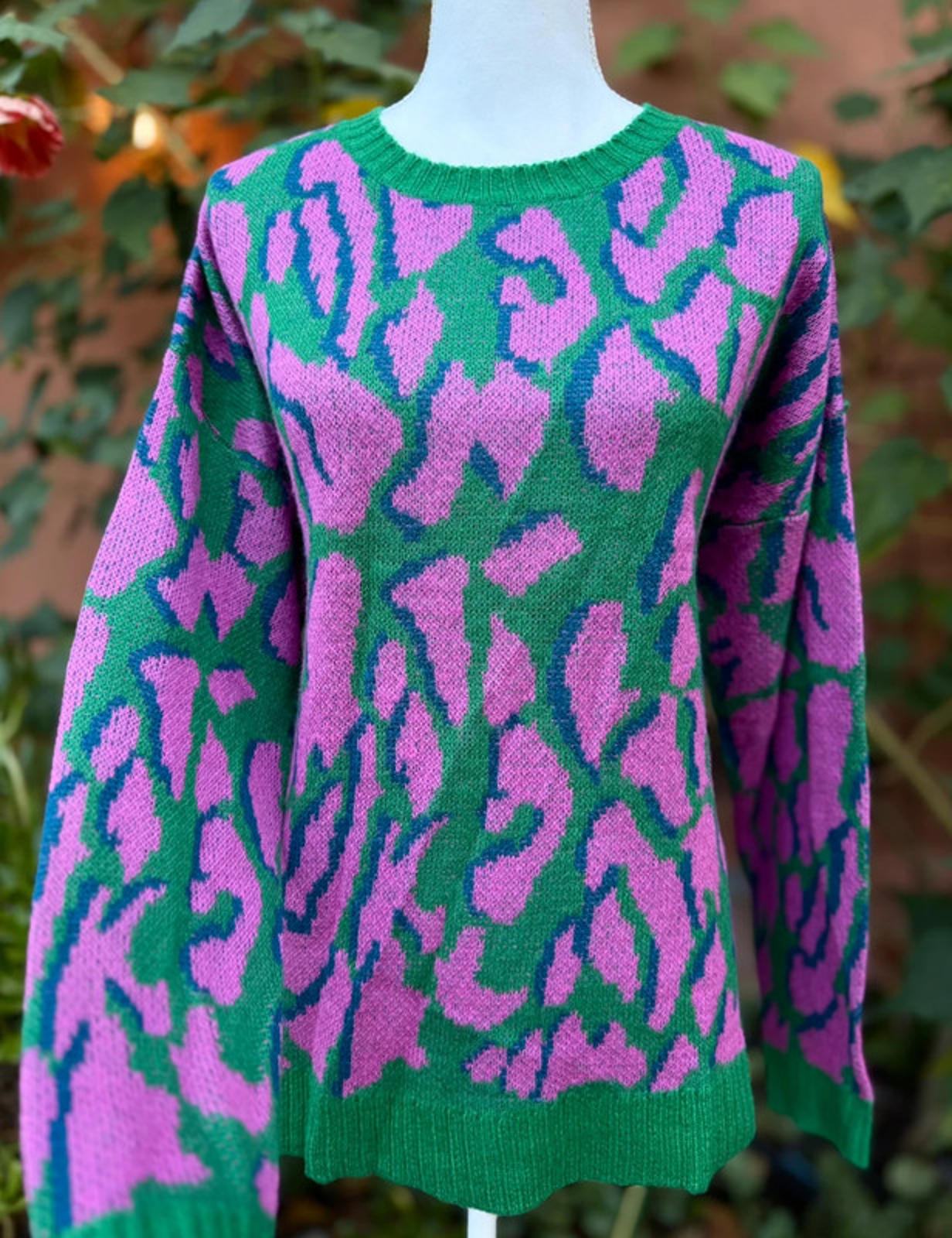 Umgee Pink Green Leopard Print Knit Long Sleeved Sweater Size M Medium Women