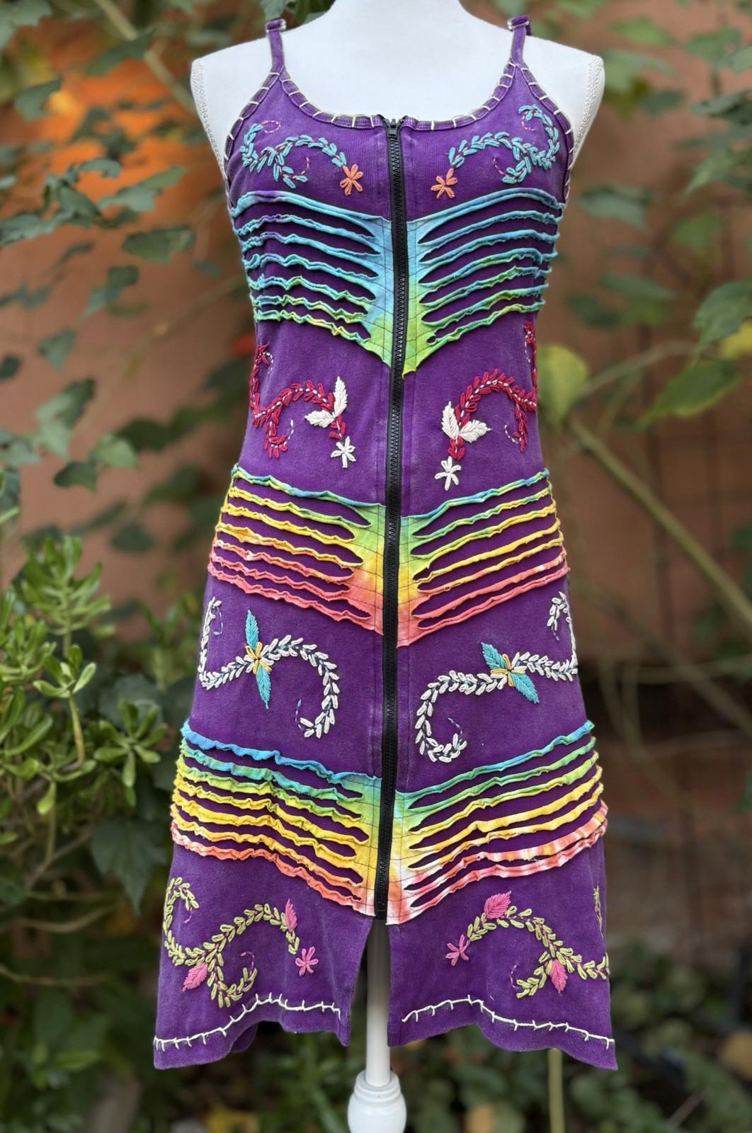 Womens Boho Handmade Zip Up Purple Embroidered Knit Dress Size M