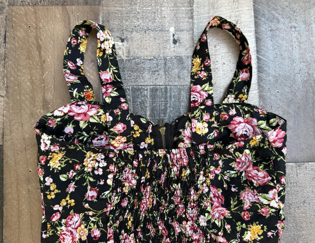 Active USA Women's Black Floral Bodycon Full Zip Thick Strap Tank Sun Shirt Size S