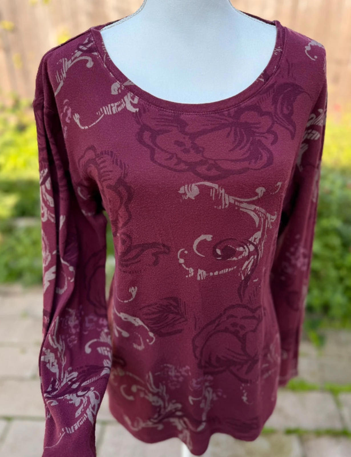 Burgundy Floral Swirl Patterned Womens Top Size XL