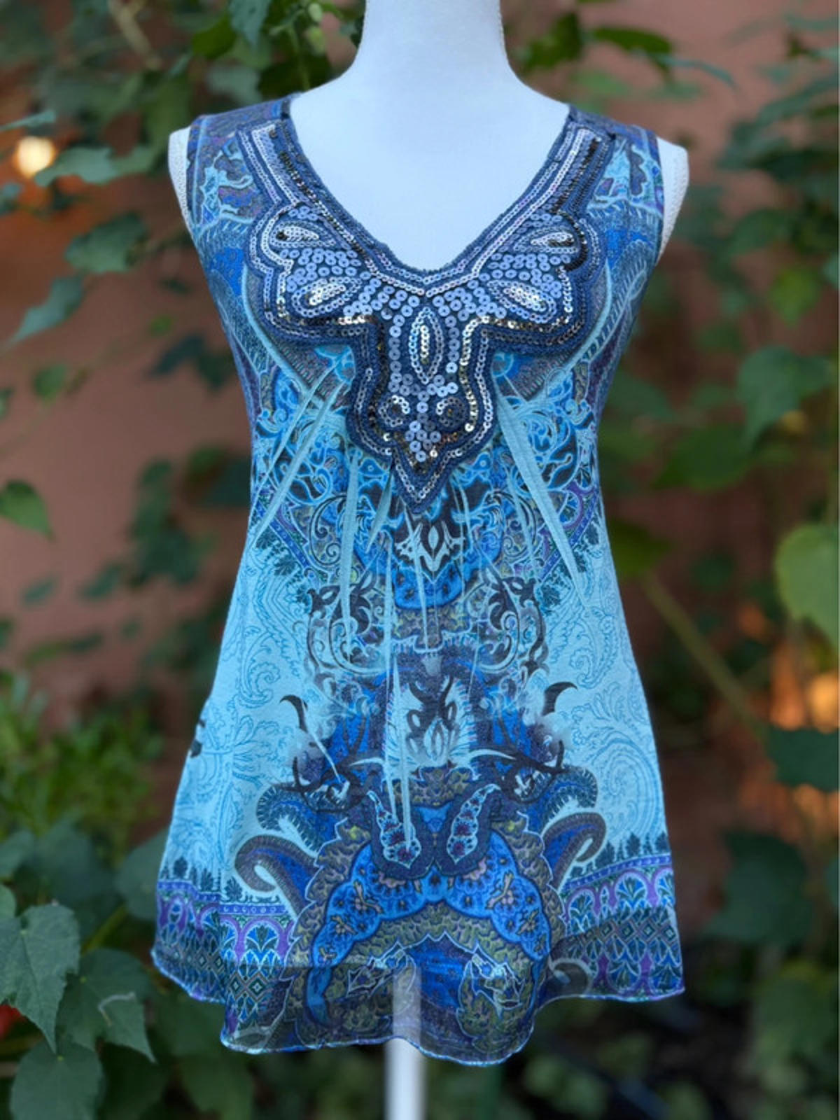 APT.9 Aqua Blie Sequince Patterned Mesh Trim Tank Top Size XL