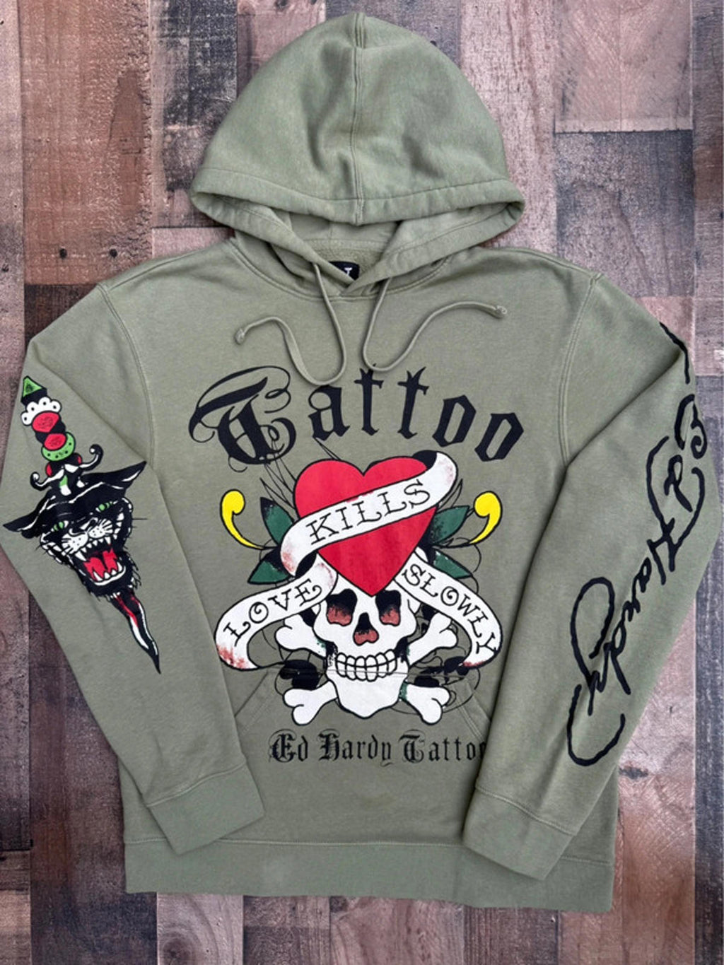 Ed Hardy Men’s Olive Green Hoodie Tattoo Love Kills Slowy Graphic Size M Medium