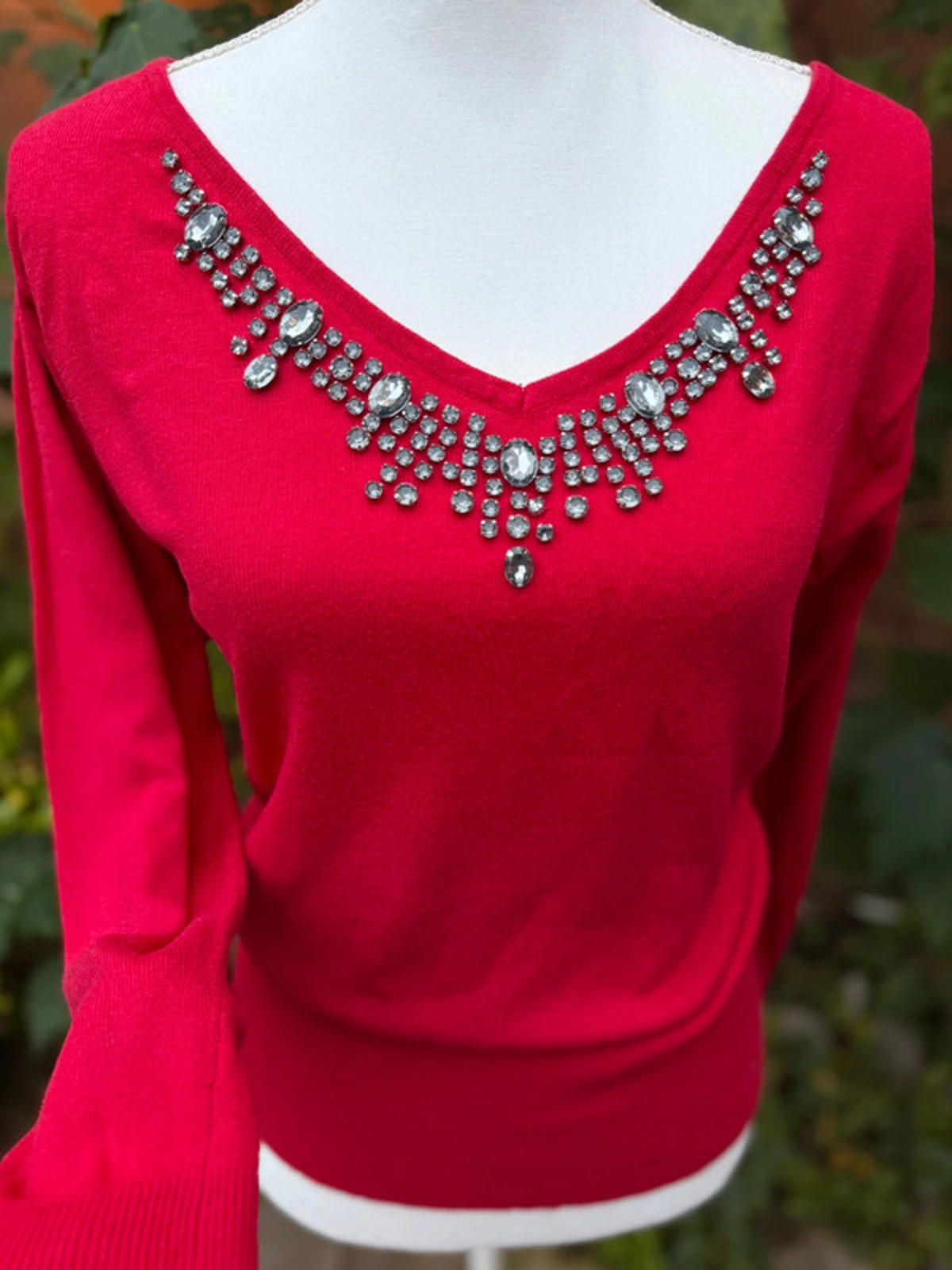 Worthington Red Rhinestones Gems Comfy Knit Work Wear Office Siren Top Size M