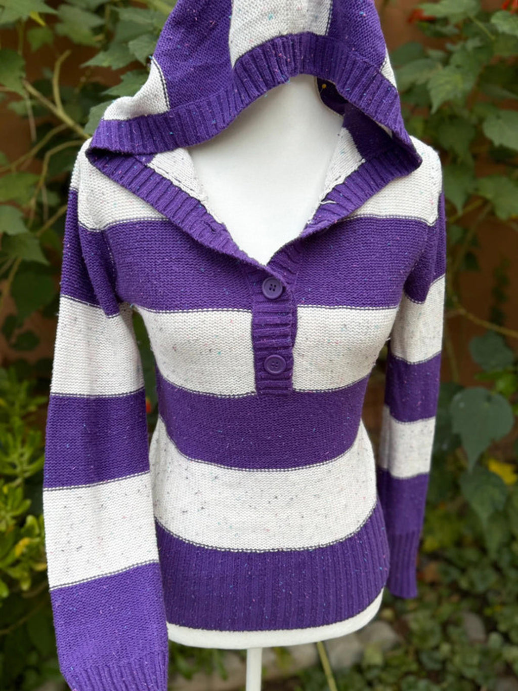 OP Purple White Stripe Hooded Confetti Print Juniors Sweater Size M Medium