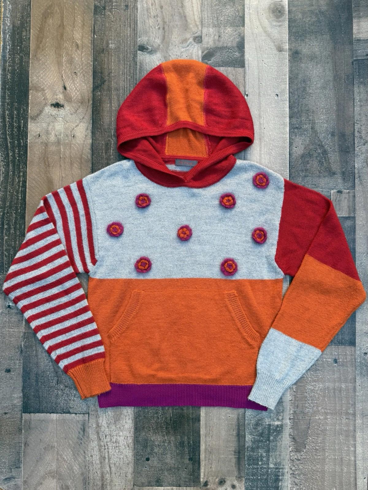 Big enough Hooded Kid Girl Sweater Stripes & Knit Flowers Size M 10/12