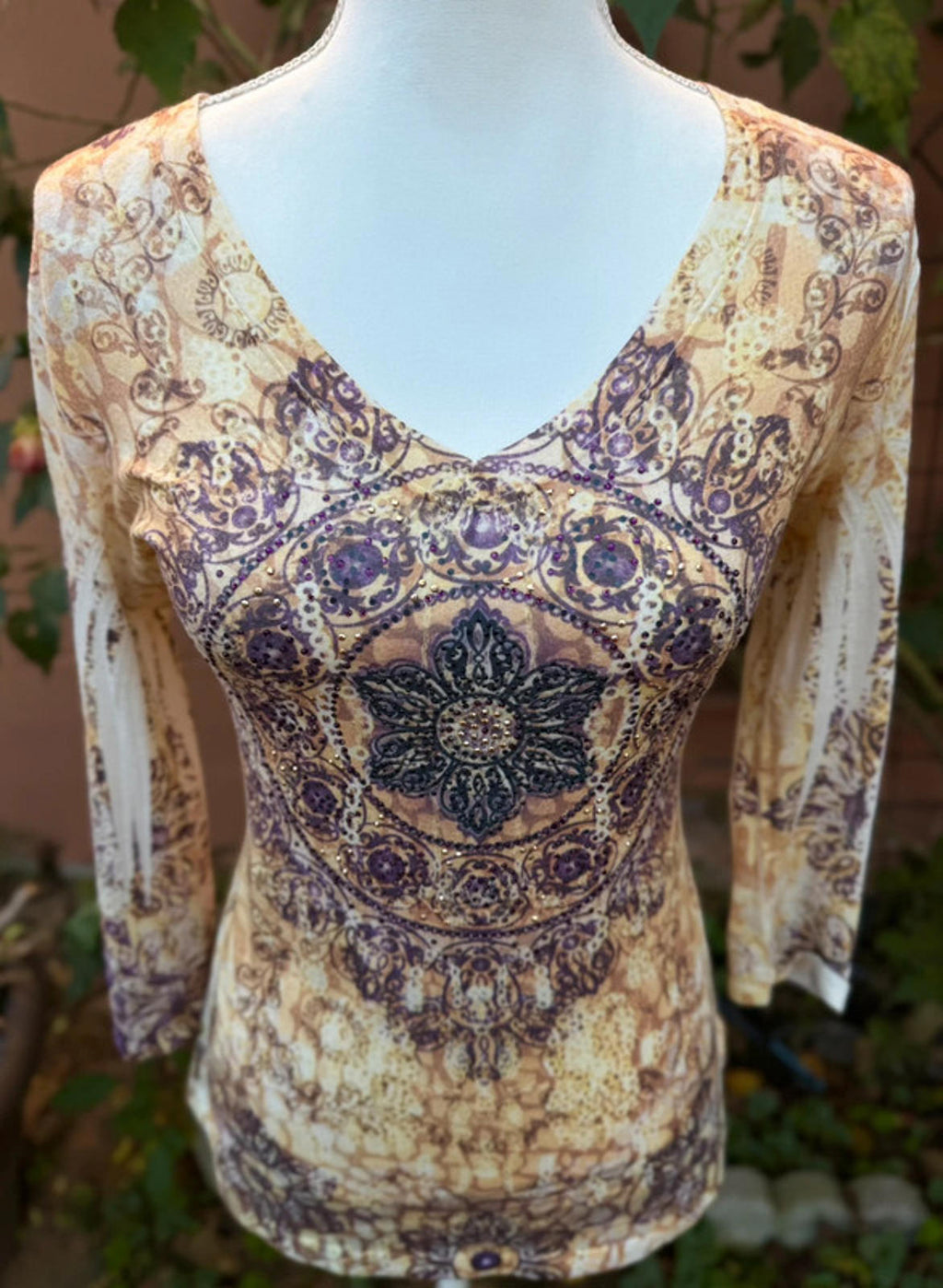 Kiara Mustard Yellow & Purple Bedazzled Design Boho Top Size S